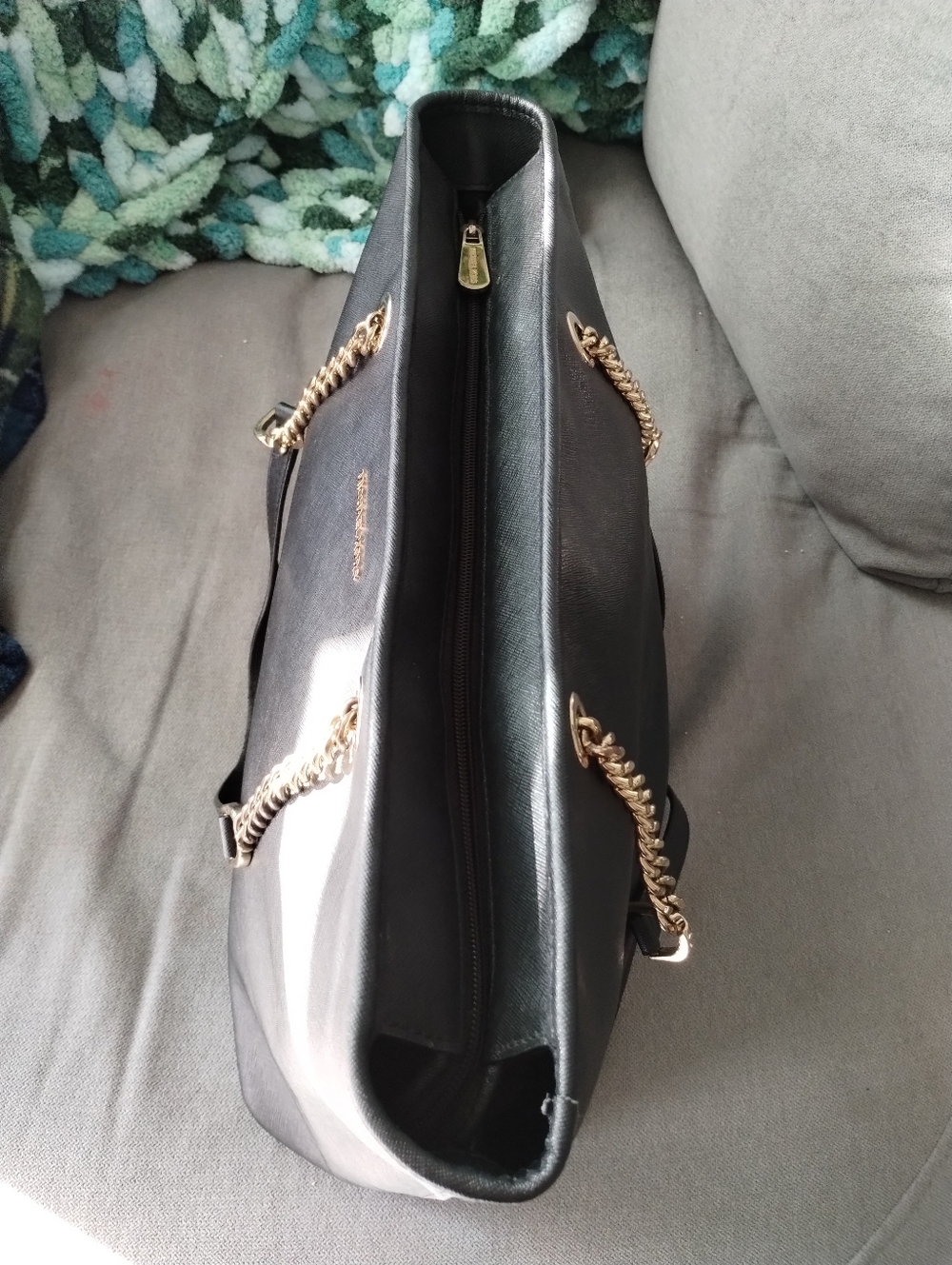Michael Kors Black Saffiano Leather Tote with Gold Chain Handles - Picture 5 of 8
